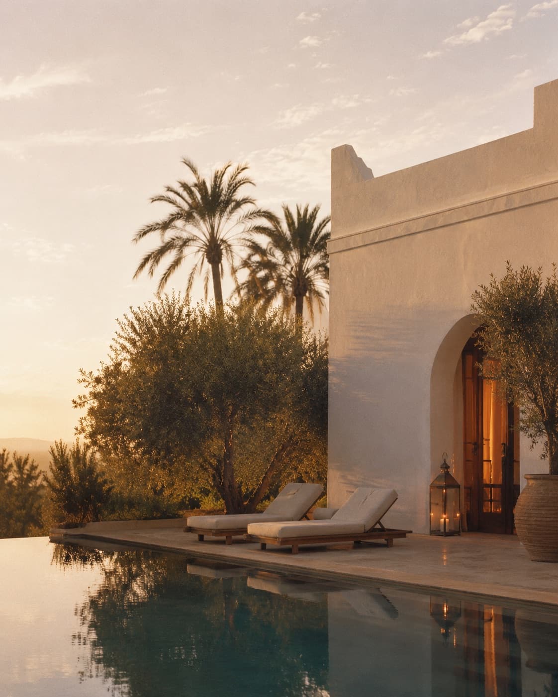 The villa at dusk, pool and olive trees in low light